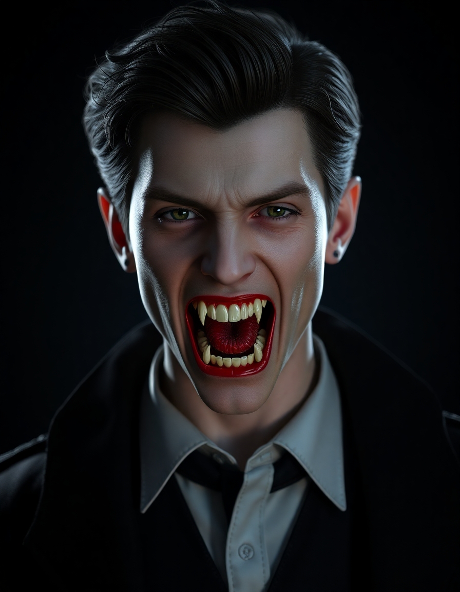 Tom Holland as a vampire with fangs and a bloody mouth