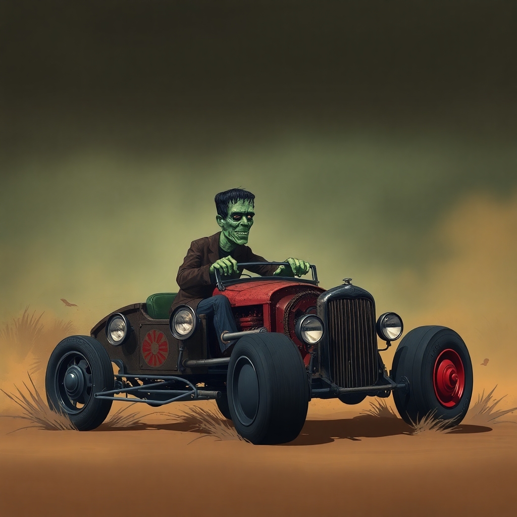 Frankenstein driving a rat rod