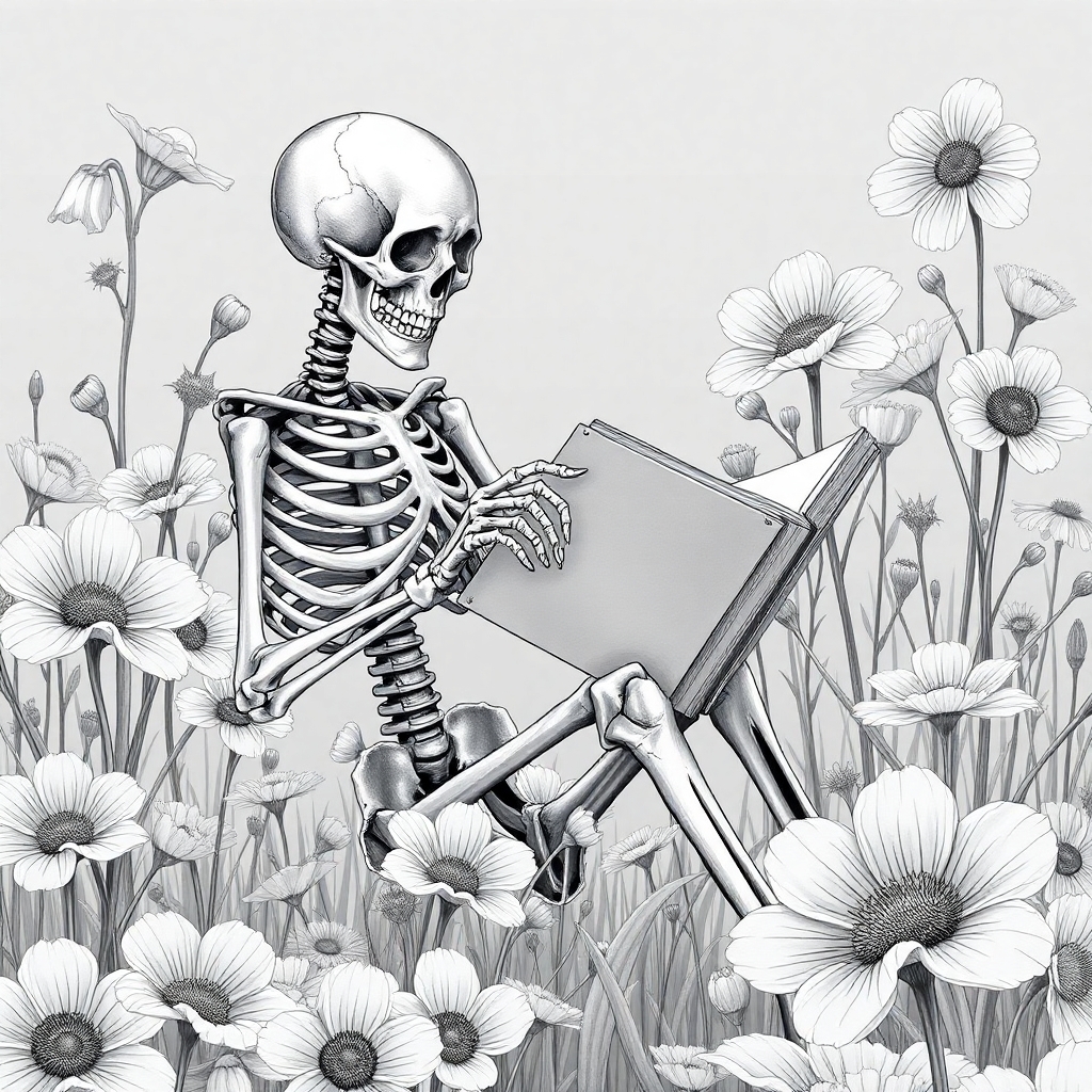 A detailed grey-toned illustration of a human skeleton seated sideways in a relaxed position, reading an open book. The skeleton is gently smiling, with its bony fingers turning the pages. It is surrounded by oversized wildflowers in various shades of grey, from light silver to charcoal, with elegant shading on the petals and leaves. The flowers are tall and abundant, creating an enchanted, dreamlike meadow. The entire scene is rendered in a soft, gothic, monochromatic style with high contrast and intricate botanical details