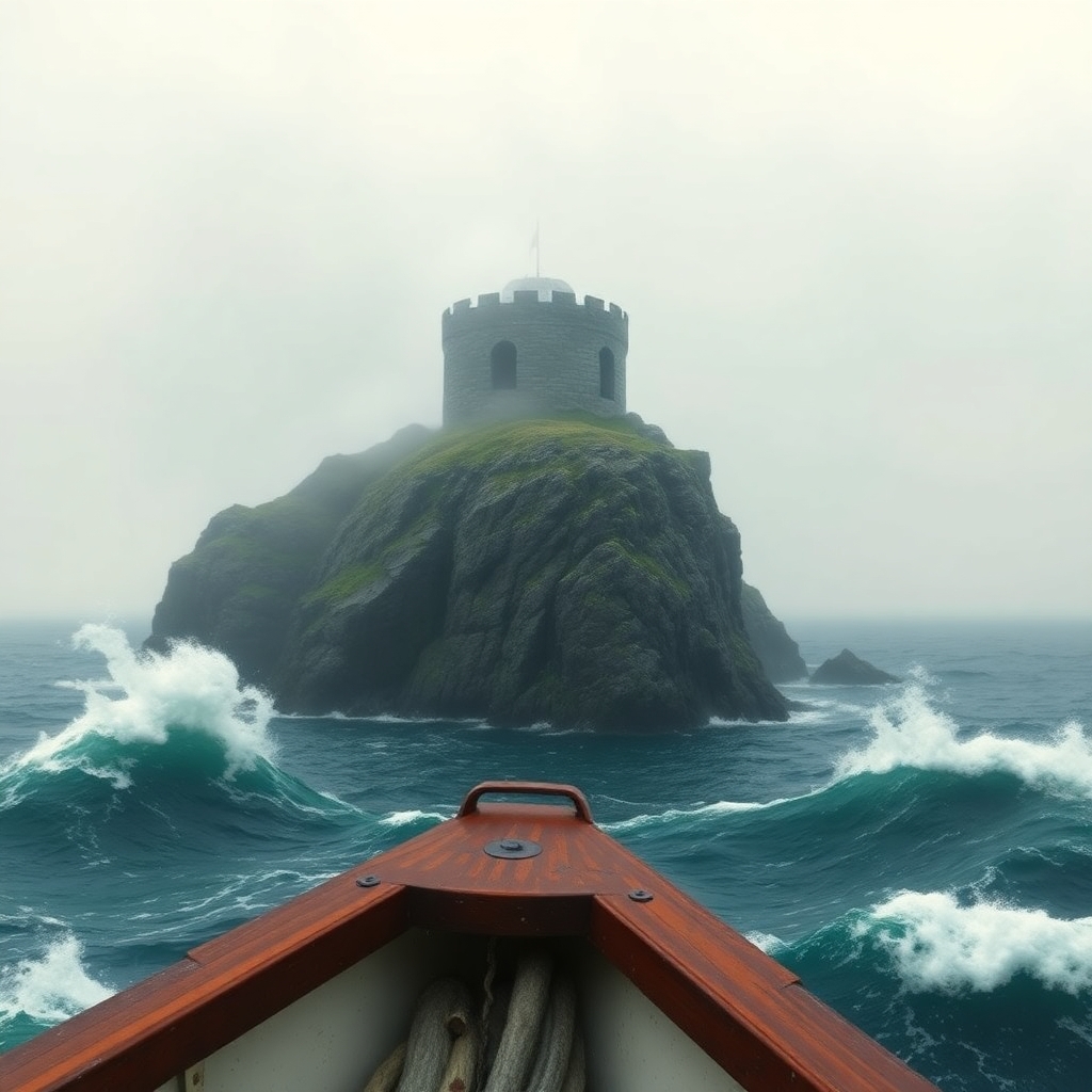 An image for an RPG scene: a distant, round stone tower atop a wide, forbidding rocky cliff, as seen from a ship on the sea nearby, during a storm. The cliff dominates the background and fills the full width of the frame, the stone tower itself is partly shrouded in fog, the middle ground is a swirling blue/green sea with large waves that have white foaming tops. The foreground is the edge of the ship gunwale. The mood is threatening, dynamic and dangerous