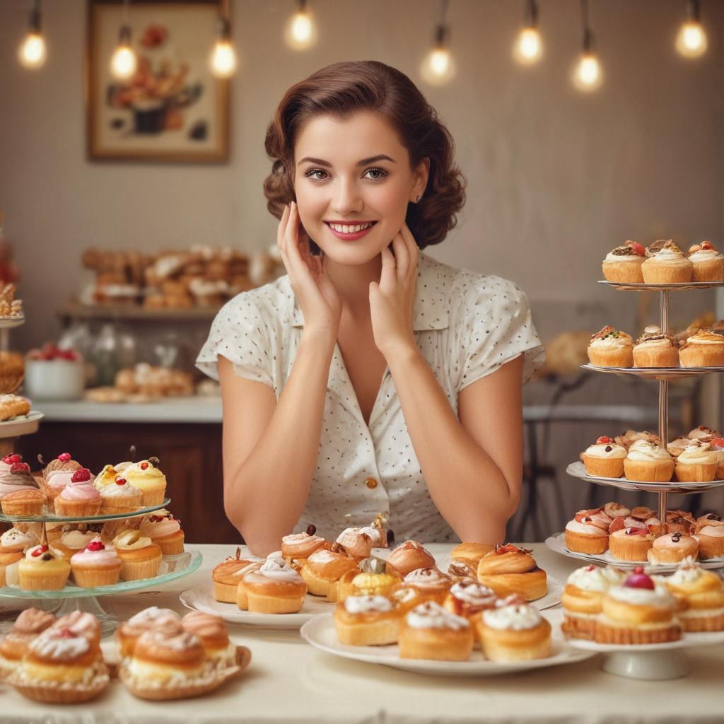 1950s style cheerful woman looking at the viewer sitting in front of a table covered with fancy pastries and cakes