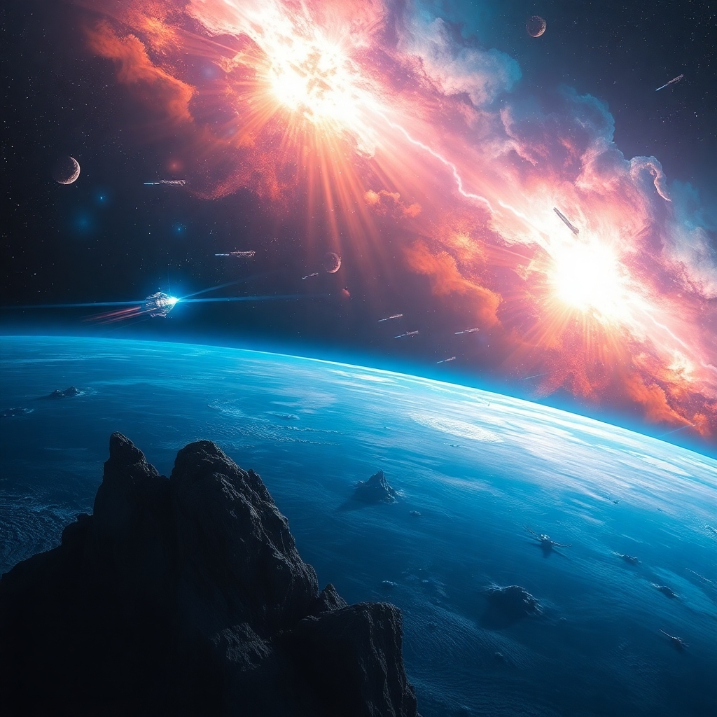 a tiny storm on a blue planet in a galaxy far far away while a space battle happens in the background