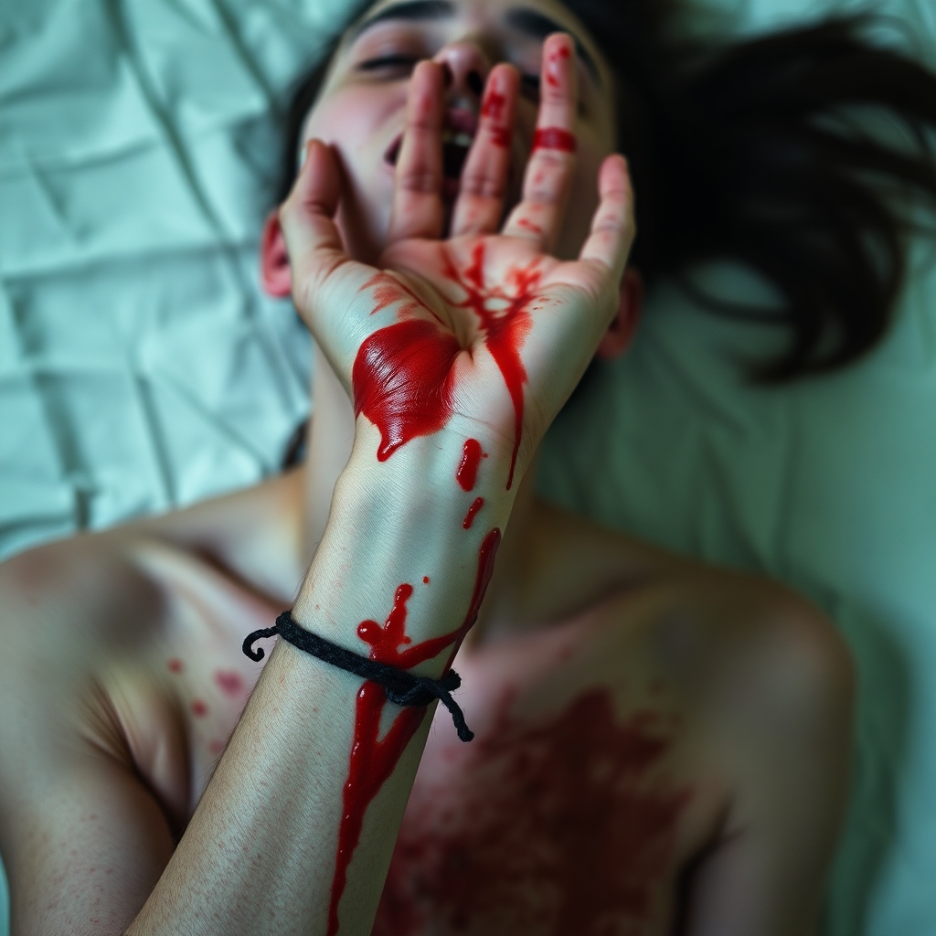 deceased mental health victim, slit wrist, lots of blood, show full body