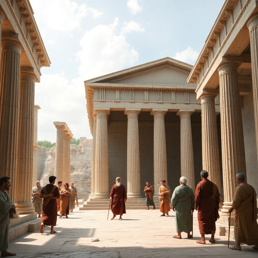 a photorealistic picture of inside the Parthenon of ancient Greece city during the time when Aristotle lived with people in period clothing