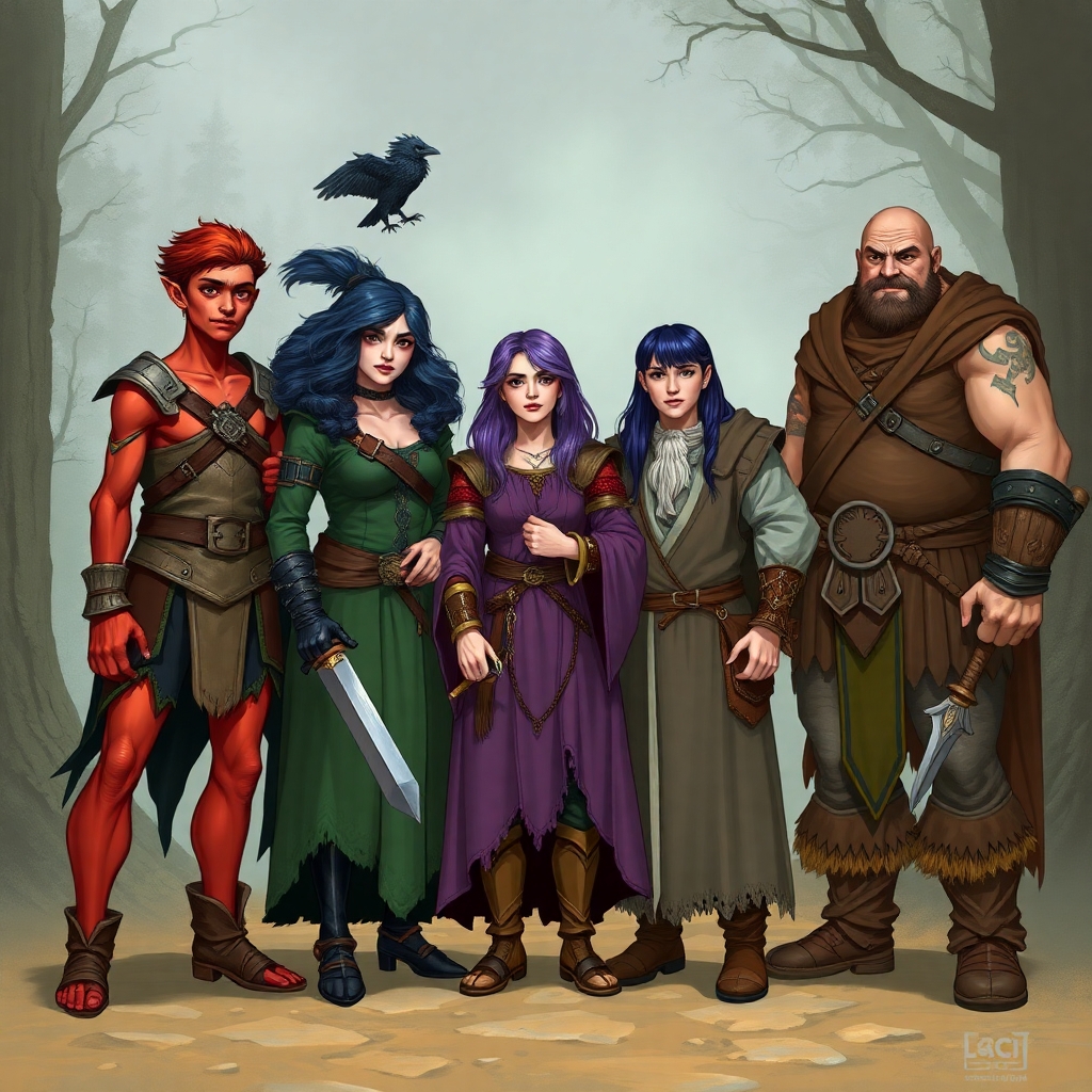 A five member dungeons and dragons adventuring party consisting of: A red-skinned thin male elven bard, an adrogynous female half-elf cleric/warlock wearing chainmail with a shadow raven familiar,  a curvy female half-elf warlock with purple hair wearing robes, a short but wide male dwarven ranger, and a very tall male half-giant barbarian/paladin.
