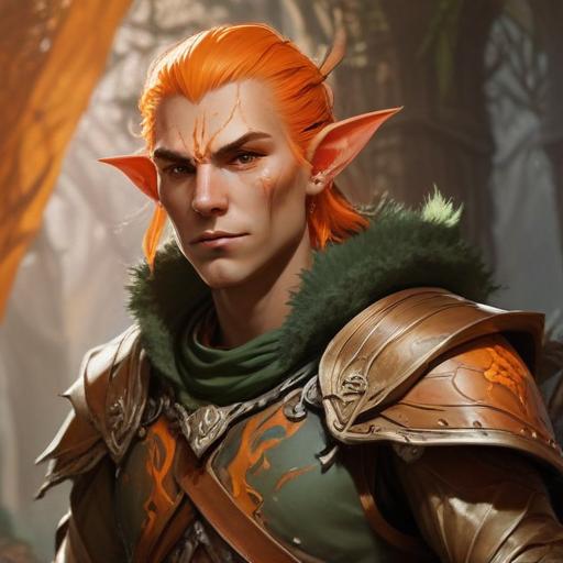 A fifth-edition dungeons and dragons characer who is a young male eladrin druid with orange luminous skin, a low strength.