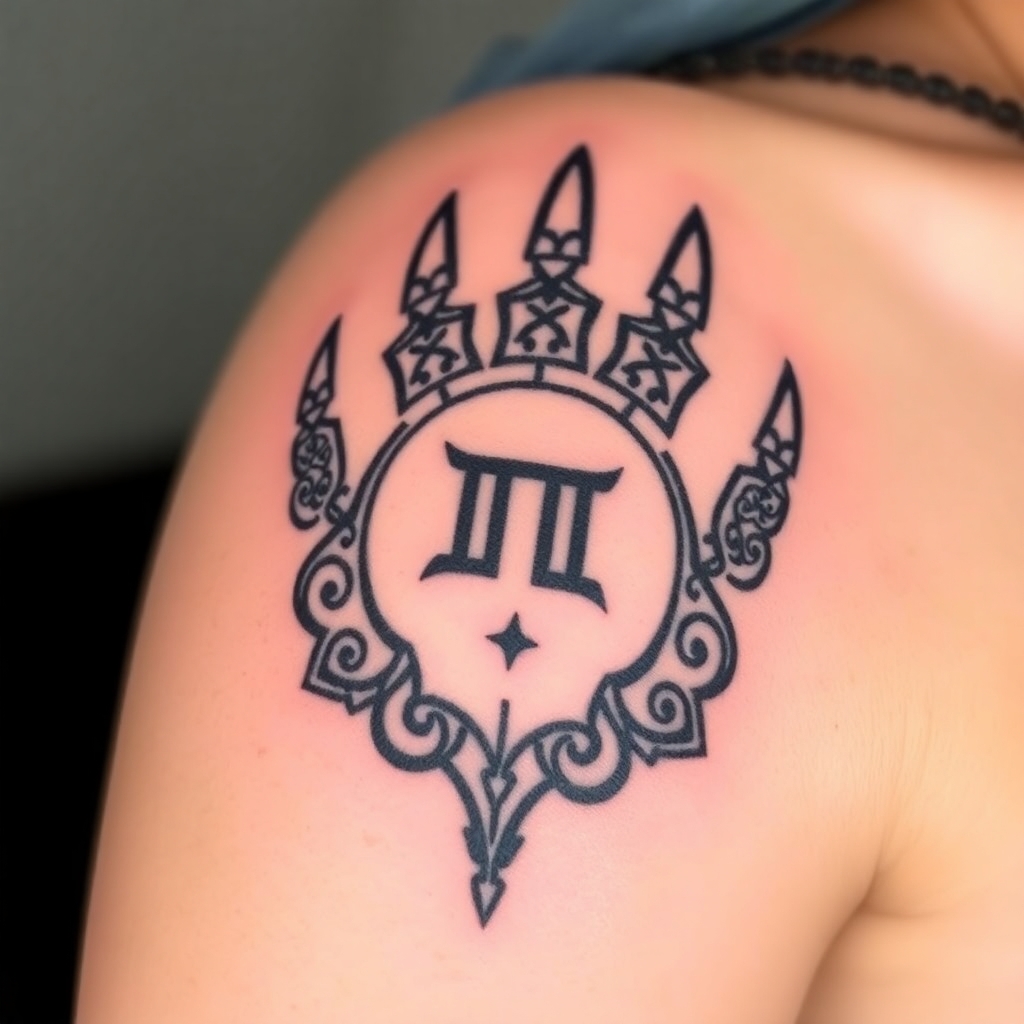 A Filipino Mayan and Celtic bear paw tattoo with a Gemini symbol in the center