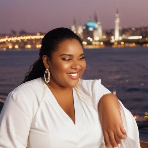 A joyful SSBBW woman with a radiant smile, wearing a flowing white outfit with gold earrings, dining at a sunlit rooftop restaurant in Istanbul. She has braided hair, dark skin, and a confident, relaxed pose. The Bosphorus sparkles in the distance, and the city skyline glows in the warm evening light.