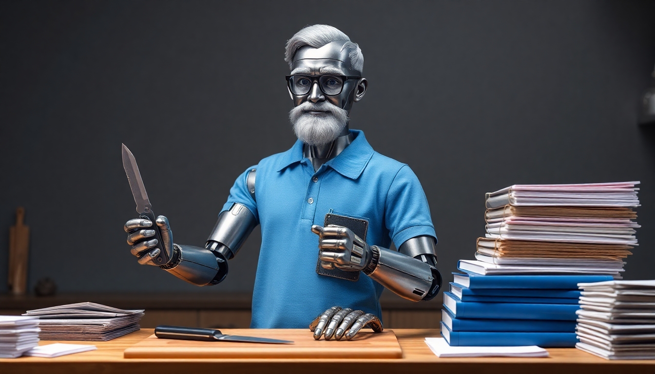 A metal robot with a thin beard that is partially grey, wearing eye glasses and a blue polo shirt is standing at a cooks chopping table facing forward. On his right are a pile of bound notebooks. On his left is a smaller pile of neatly stack paper. He is holding a Multi-Function knife, like a Swiss Army knife or a Leatherman multi tool, in his left hand and a binder from the pile on his right in his right hand.