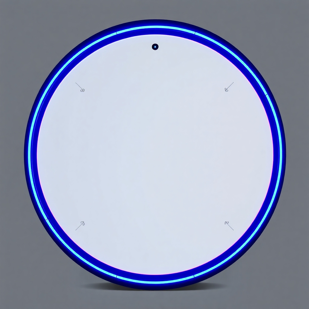 A tall, freestanding oval mirror unit measuring approximately 7 feet high and 3 feet wide, with a flawless, reflective surface. The mirror is framed in polished black onyx, matte in finish, with no visible seams. Two concentric LED-style rings encircle the mirror: the outer ring is electric blue and positioned just inside the frame, while the inner ring is violet and approximately 60% the diameter of the mirror. Between these rings, faint luminous markings and symbols suggest encoded information, softly pulsing. The top center of the unit houses a subtle projection module — a small inset lens that emits a faint vertical glow upward. The background is evenly lit in neutral gray to highlight the mirror without shadow. No human figure is present. The mirror stands in isolation as a sacred tech object.