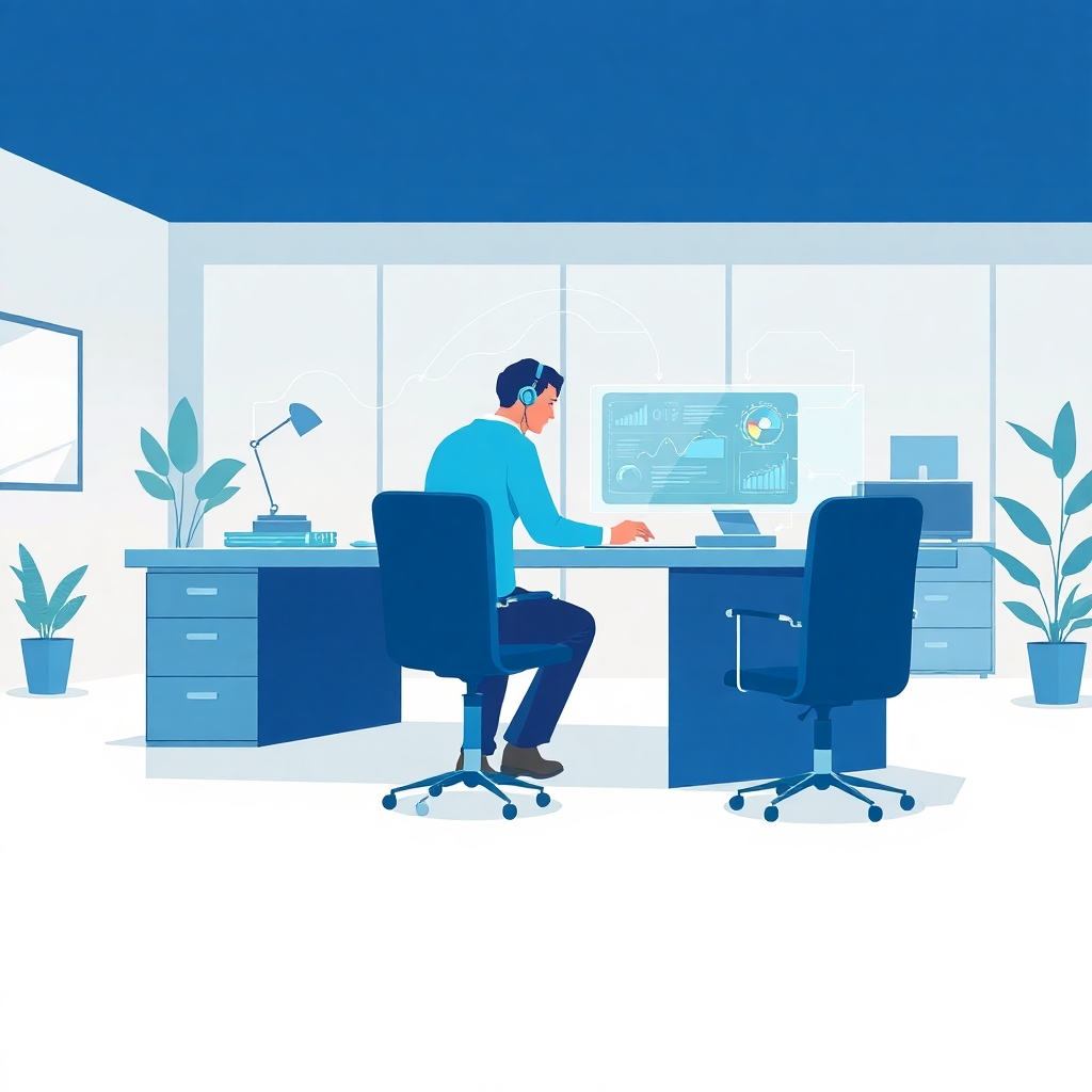 A modern flat vector illustration in editorial illustration style depicting a full scene composition with a complete environment that visualizes the everyday collaboration between humans and machines. The background must fully cover the entire image edge-to-edge and be part of the scene, showing a contemporary workspace with visible walls, floor, furniture, soft lighting and ambient details, no white background anywhere, no empty or blank areas, and no isolated elements. The scene features a human professional and an advanced digital system working side by side at a large desk, both contributing complementary strengths: the human engaged in contextual decision-making and judgment, while the machine displays analytical insights, pattern recognition outputs and scalable data processing on sleek holographic or screen-based interfaces. Their interaction should feel natural, cooperative and dynamic, symbolizing augmentation rather than replacement. Include subtle metaphoric elements such as flowing data streams connecting them, gentle light trails representing shared workflows, and layered visual cues for efficiency, safety and clarity. Use smooth shapes, soft gradients, clean geometry and a balanced, detailed composition. The color palette should be modern and harmonious, with cool blues, teals, soft neutrals and warm accent tones to convey trust, clarity and human–machine synergy. The entire scene should be rich in detail, sharp, visually balanced and clearly express the practice of collaboration between humans and technology in everyday life.