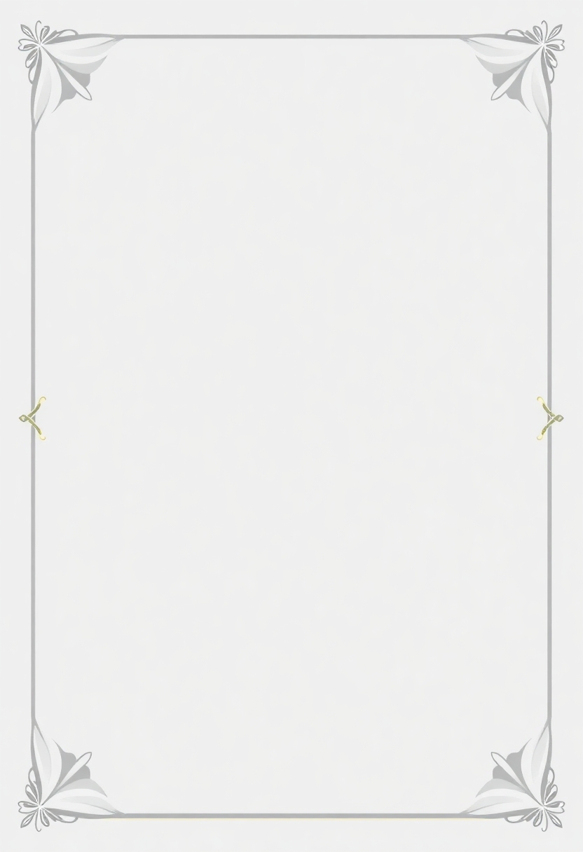 Design a vertical certificate background with a 2:3 aspect ratio (similar to A4 landscape ). The background should feature a solid base color like Light grey with minimal and subtle decorative elements. Leave a clear empty space in the center for future text, reserved space on the top-left and top-right for logos. Use a clean flat vector style, with soft studio lighting for a modern and elegant feel. The mood should be formal and inspirational. Generate the image using the FLUX Schnell model. No text or labels in the image — only a visually balanced background.