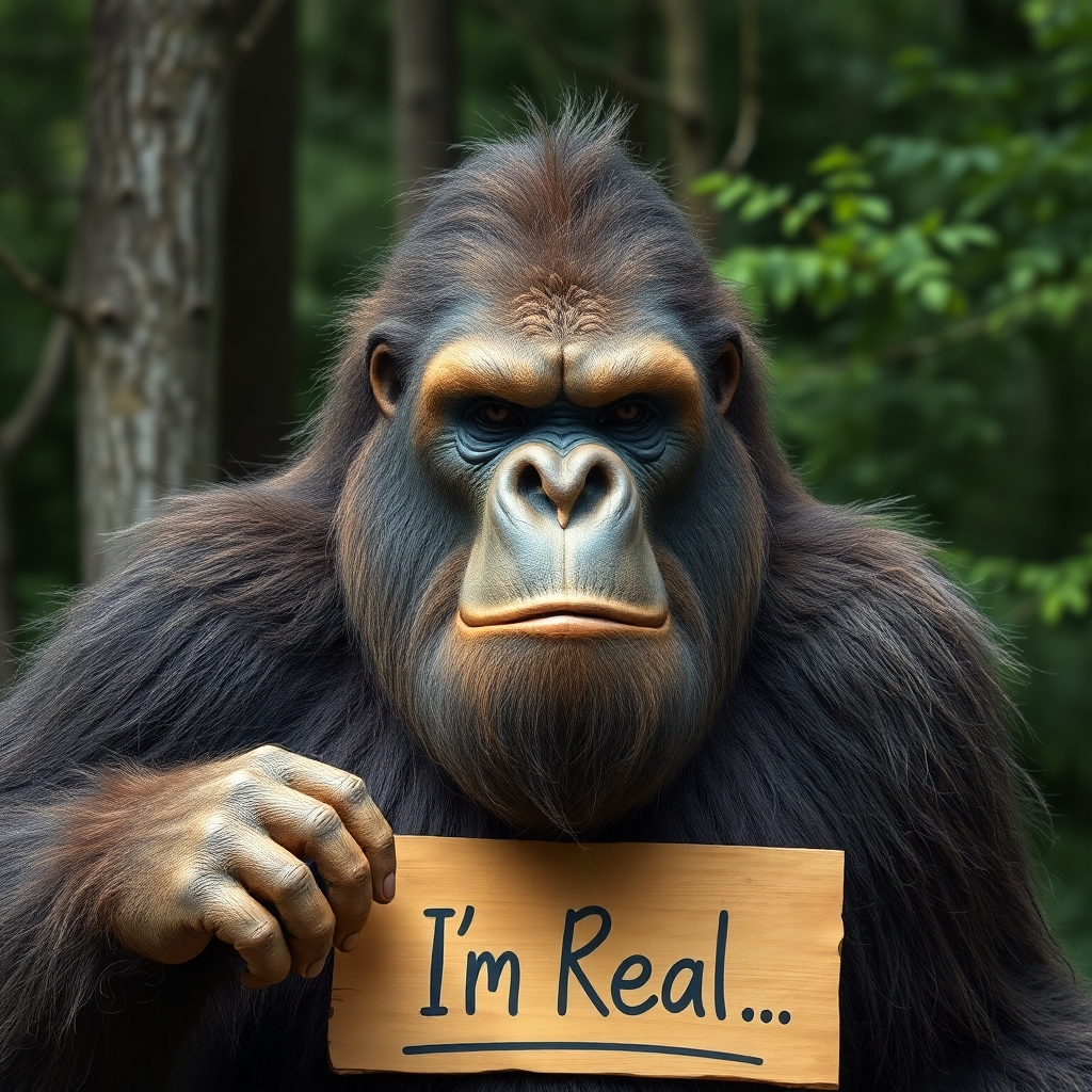 4k, uhd. photograh of a realistic Bigfoot with sign that says, "I'm Real"