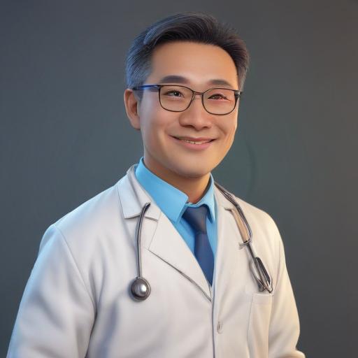 Can you draw a Chinese middle age doctor wearing glasses and white gown and with stethoscope on his shoulders smiling