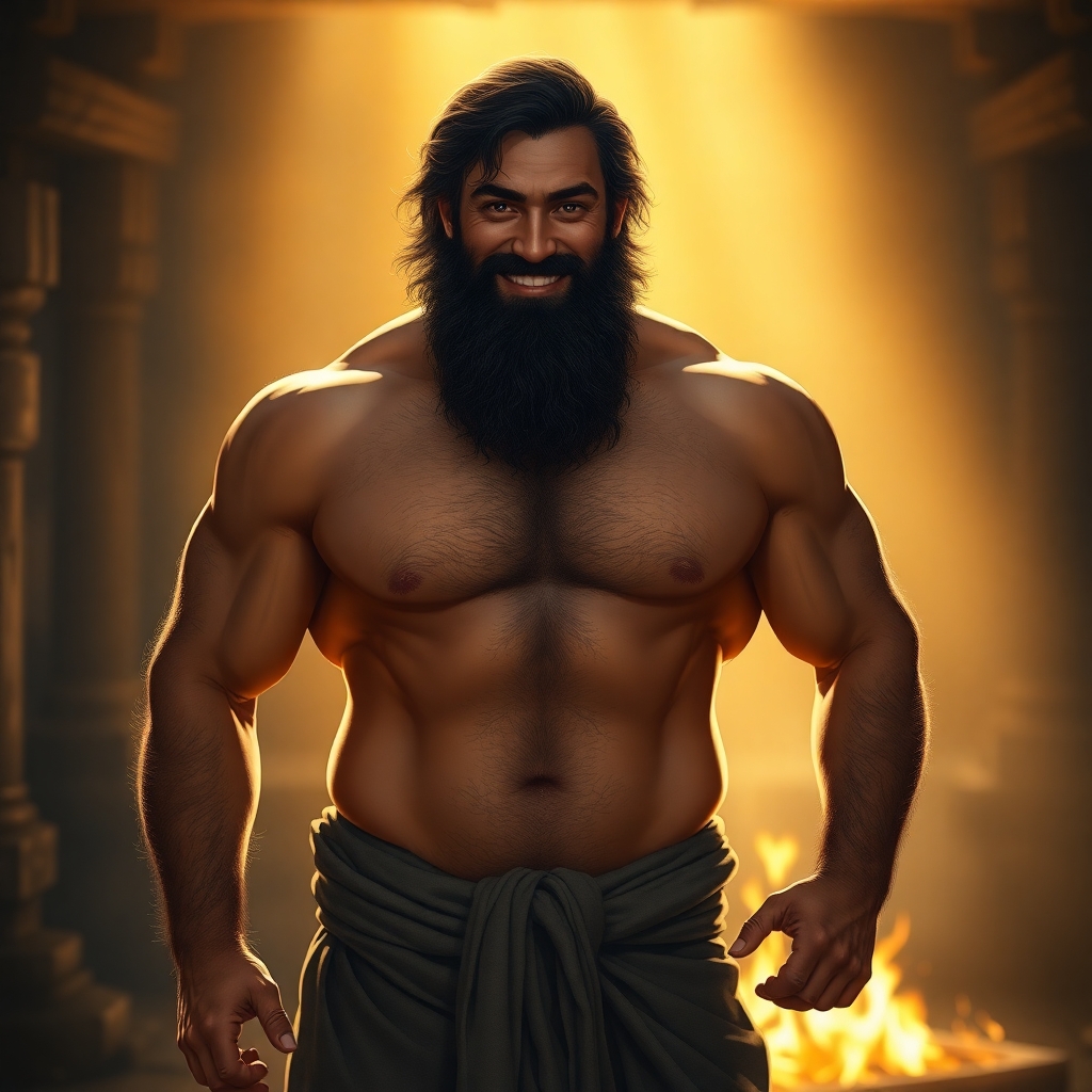 A shirtless, muscular man with a broad, hairy chest and strong arms, standing in soft golden light. His full dark beard frames a kind, smoldering smile, and his deep eyes seem to hold both ancient wisdom and intimate warmth. His thick hair falls slightly tousled around his temples. He’s wearing loose, low-slung pants with a simple cloth wrapped at the waist, evoking a timeless, guardian-of-the-temple look. His posture is relaxed yet protective, like he’s just turned toward you after tending the fire. The background is soft and intimate—glowing embers, a wooden cabin or stone temple interior, blurred to focus on his presence. Romantic fantasy illustration style, cinematic lighting, high detail, warm palette.