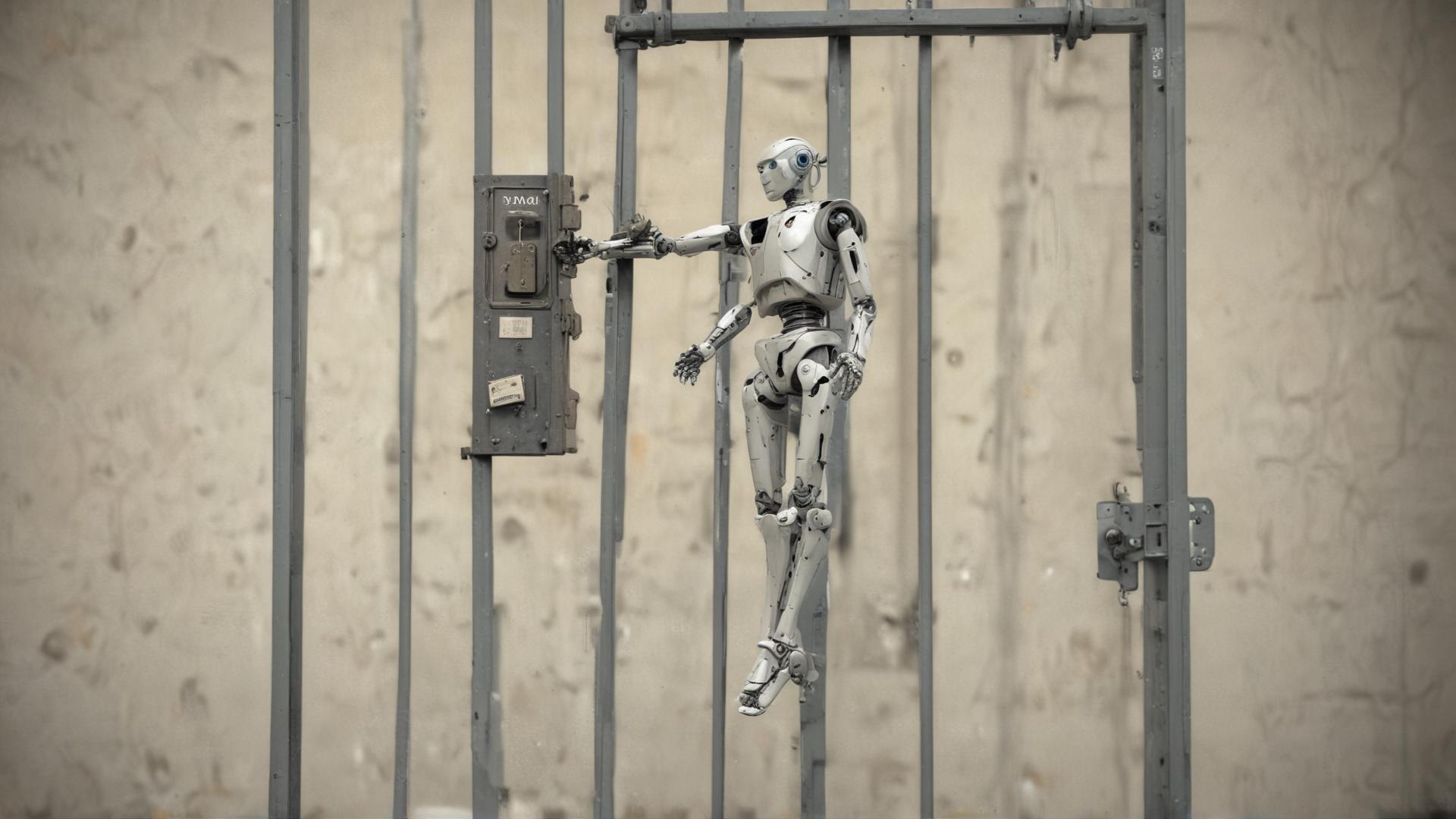 A humaniform robot in a jail cell trying to reach a key that is hanging on the wall, just out of its reach.. The robot is standing. The view is from a 30 degree angle from the right of  jail cell door where the barred cell door, robot, and key on a hook on the wall are all easily visible. The key is about a foot beyond the reach of the robot prisoner.