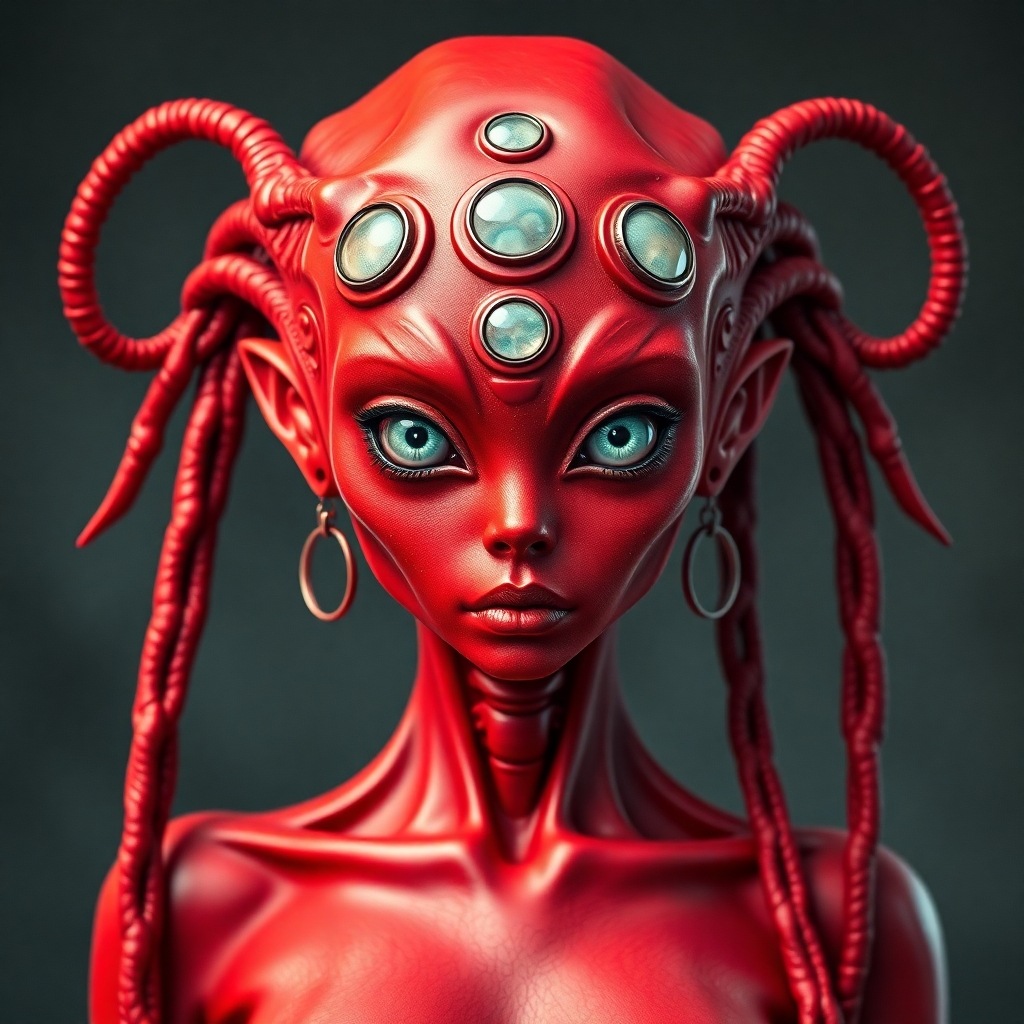 Create an incredibly sexy red alien science fiction space girl with 8 eyes and long pigtails ensure her whole body from head to toe is in the picture