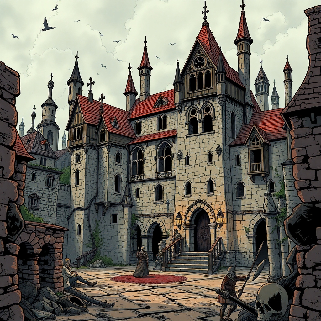 A ruined archive of noble estates drawn in comic gothic style and in Mordheim.