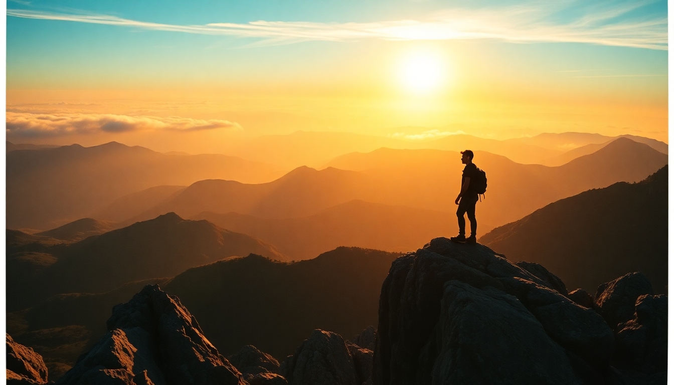 (((Fine art photography:1.8))), ((cinematic film:1.8)), (grainy Polaroid aesthetic:1.4), ((realistic skin texture:1.9)), ((volumetric light:2.0)), (((warm backlight:1.8))), ((dynamic shadows:1.6)) A breathtaking mountain landscape at sunrise, featuring a solitary hiker standing on the edge of a rugged cliff. The view captures an expansive range of rolling hills and peaks in the background, cloaked in a soft layer of morning mist. Warm golden rays of sunlight burst through the clouds, illuminating the scene and creating dramatic contrasts between light and shadow. The foreground showcases jagged rock formations, highlighting the rough terrain and adding depth to the composition. The atmosphere feels serene yet invigorating, embodying a sense of adventure and solitude. The color palette transitions from deep blues and purples in the shadows to vibrant yellows and oranges where the sunlight touches. This composition is suggestive of exploration and connection with nature, recalling the style of classic landscape painting with a modern touch. Ideal for evoking feelings of inspiration and tranquility.