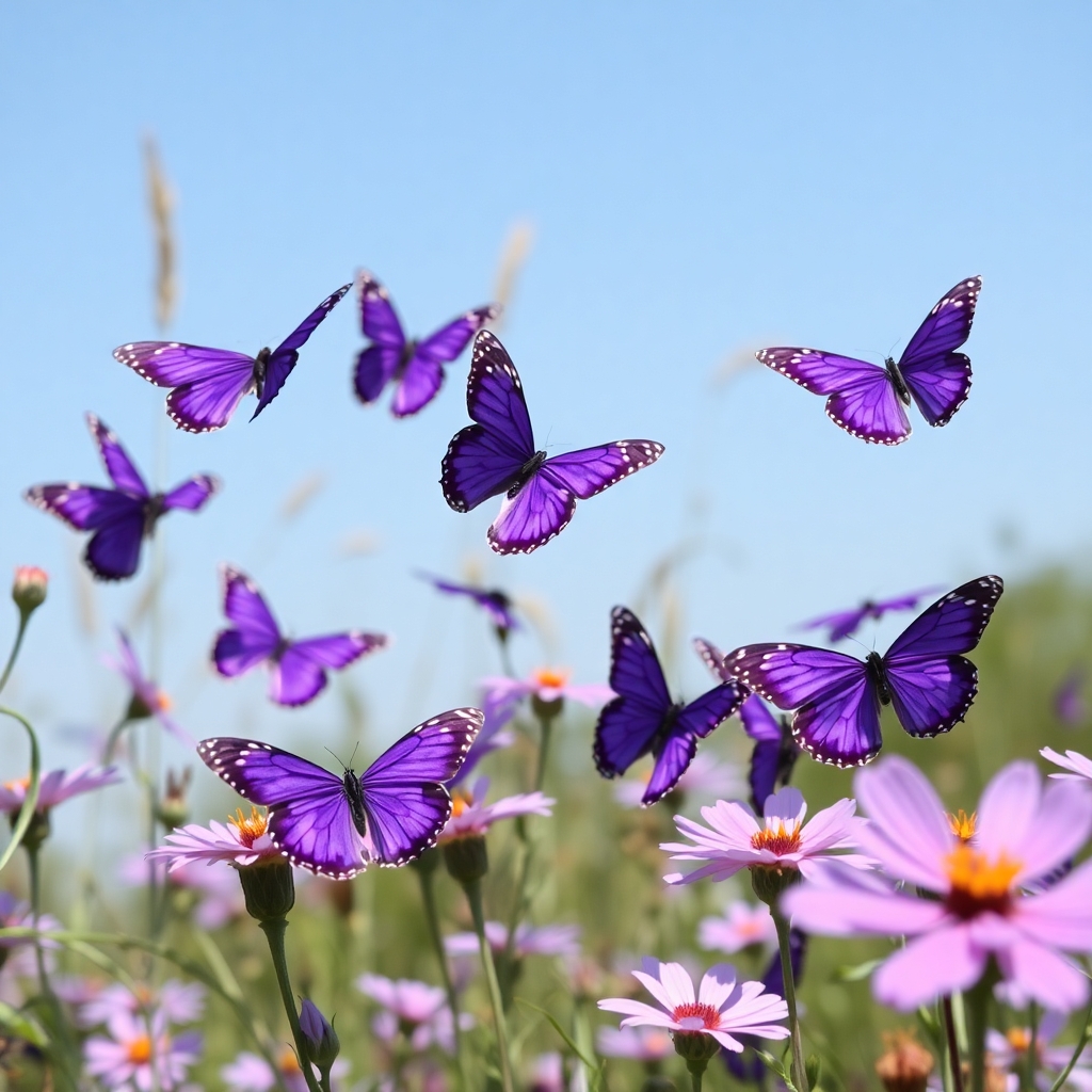 A group of purple butterflies Flying on a clear sunny day with plants and flowers around.