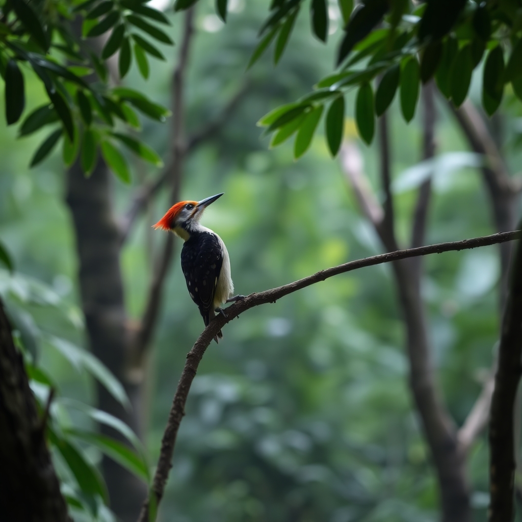 Woodpecker perched on a tree in a rainforest, soft overhead lighting