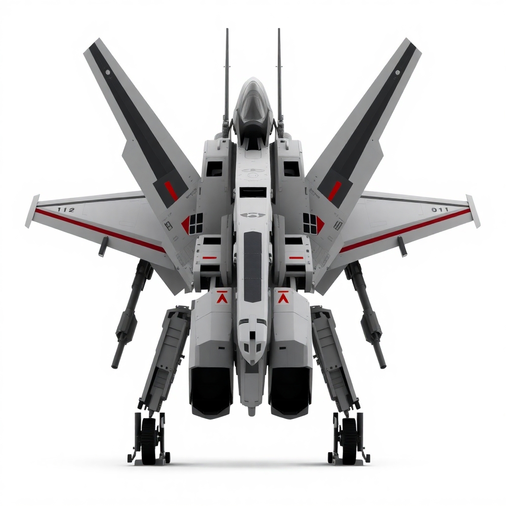 Chinese, Chengdu J-20 style, laterally symmetrical, Macross Valkyrie, Gerwalk Mode, with arms & GU-11 Gun Pod,on a white background