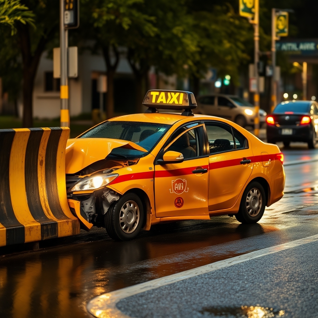 Damaged taxi after hitting the barrier, wet street after rain, yellow street lighting