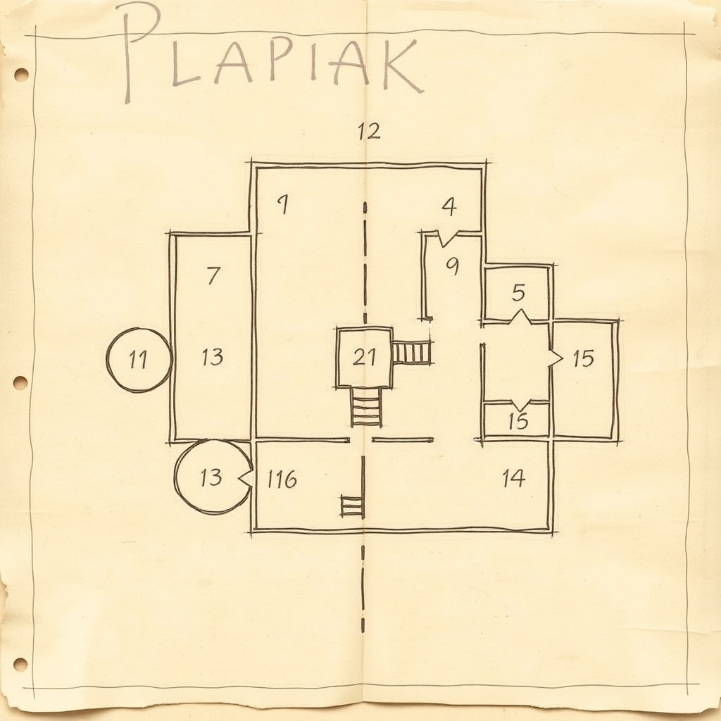 A simple floorplan map with rooms and halls drawn on a scratch parchment paper and labeled with numbers in handwritten script. Some rooms should be round and some containing stairs.