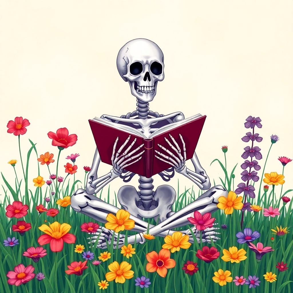 A colorful illustration of a human skeleton sitting cross-legged in a vibrant wildflower field, reading an open book with a peaceful smile. The skeleton is surrounded by blooming flowers in shades of red, yellow, purple, and pink, with green grass and tall stems. The background is soft and dreamy, evoking a serene and whimsical mood. The art style is detailed, with fine lines and soft shading, combining gothic and botanical aesthetics.