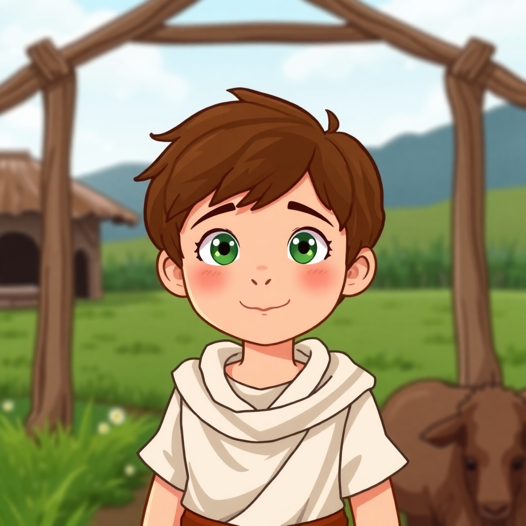 a cartoon drawn little boy with brown hair and green eyes at age 11 on a farm. This is for a children's book so make him cute, innocent and likeable for the reader to look at. I would like the same character doing the following: wearing 815 BC Ancient Greece clothes. https://www.imagiyo.com/images/mxkaz6Y5aJ0P/view