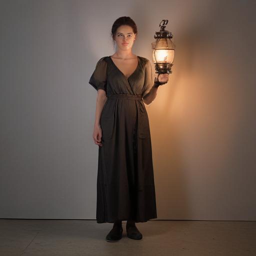 a full-body view of a woman holding a lantern by its metal handle in one hand, the lantern hanging slightly. she is standing visibly in the frame, not hidden or obscured.