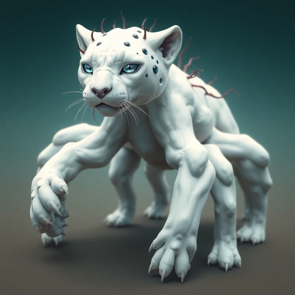 A six-legged, all white panther with ice blue eyes and 4 barbed tentacles sprouting from its shoulders