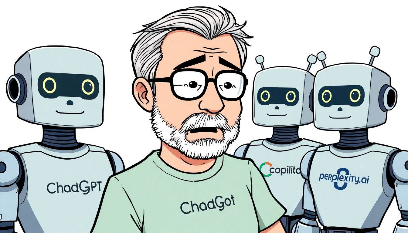 A man with slightly gray hair, a short beard, and glasses is scolding a group of robots. Each robot has a t-shirt with one of the following logos: ChatGPT, Copilot, or Perplexity.ai
