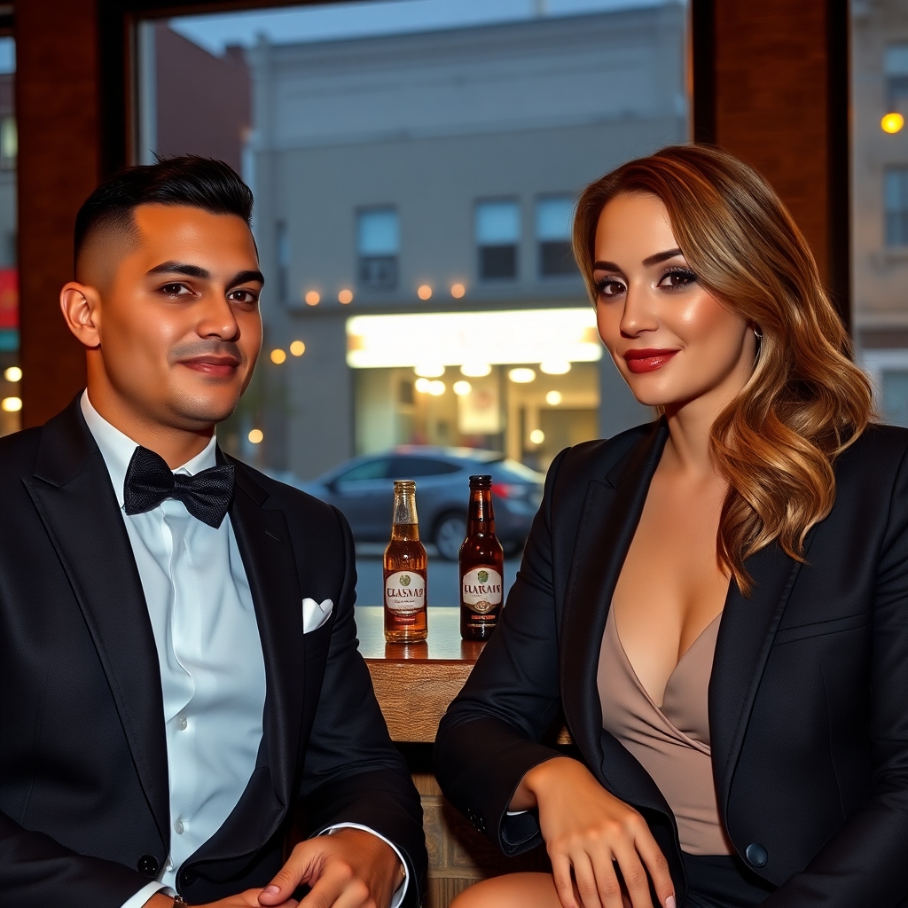 light brown complextion hispanic male wearing a suit and bowtie with a white complextion Hispanic female at a bar. The female is taller in the picture. In the background large windows facing the street. She has light brown hair. They're sitting on barstools at the bar with two bottles of beer by the windows with little space in between. There's small lights outlining the inside windows. Small business building outside the windows. He has a low top fade haircut.