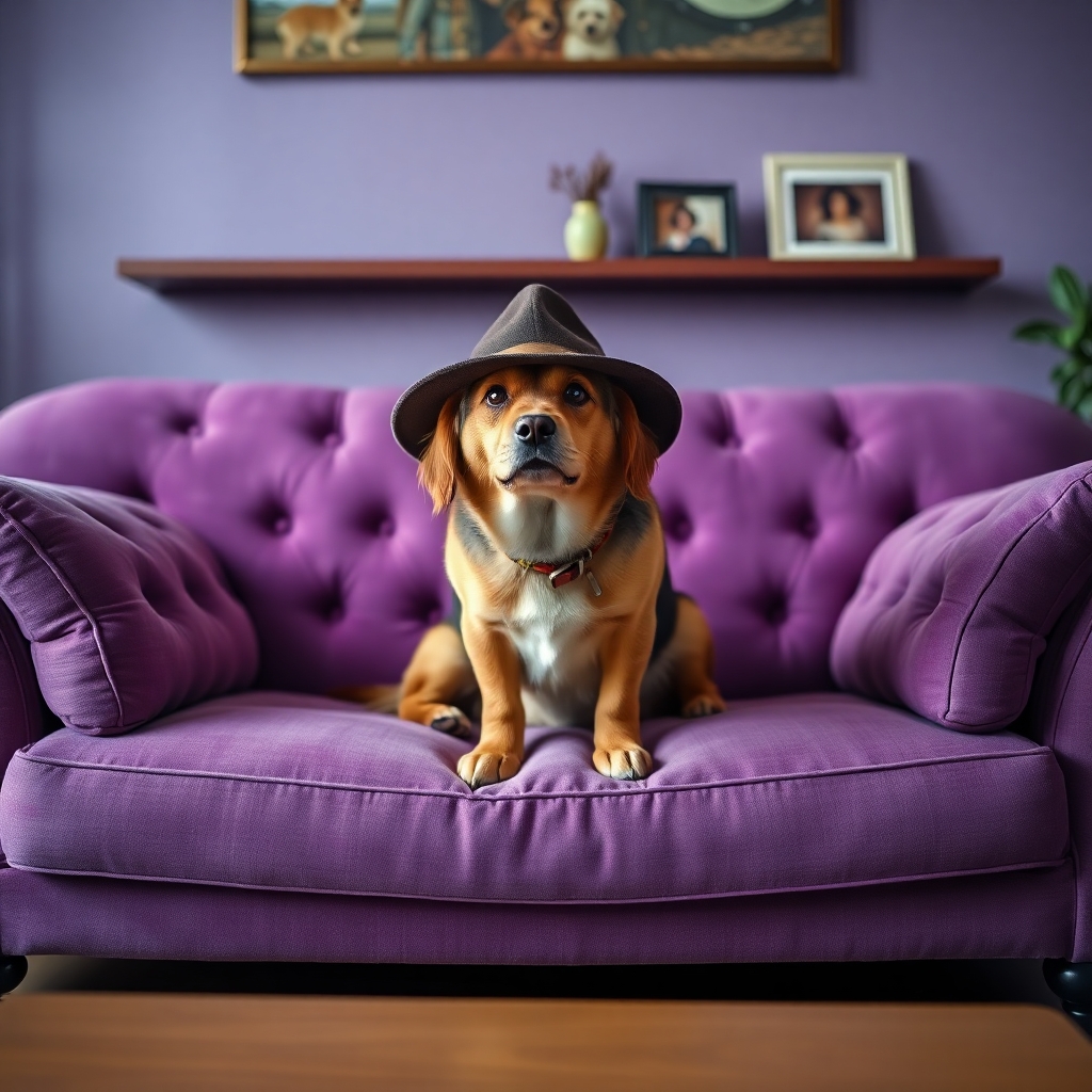 photograph, candid shot, famous randomly purple couch and randomly finished with randomly dogs, center point for a dog wearing a hat, Use camera is Canon EOS 5D Mark IV with a Canon EF 24mm f/1. 4L II USM lens, set at aperture f/2. 8 for a depth of field that highlights the furniture clean lines with rich and many detail, randomly color and finished, soft ambient light, studio light setting, ultra realistic, UHD, many details