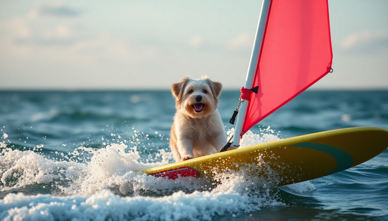 a havanese dog windsurfing in a southsea environment.