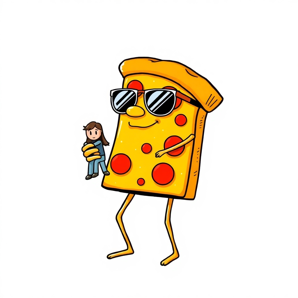 Draw a picture of a slice of pizza, with skinny arms and legs, wearing sunglasses, it has a nose and mouth. It's holding a tiny human and about to eat it
