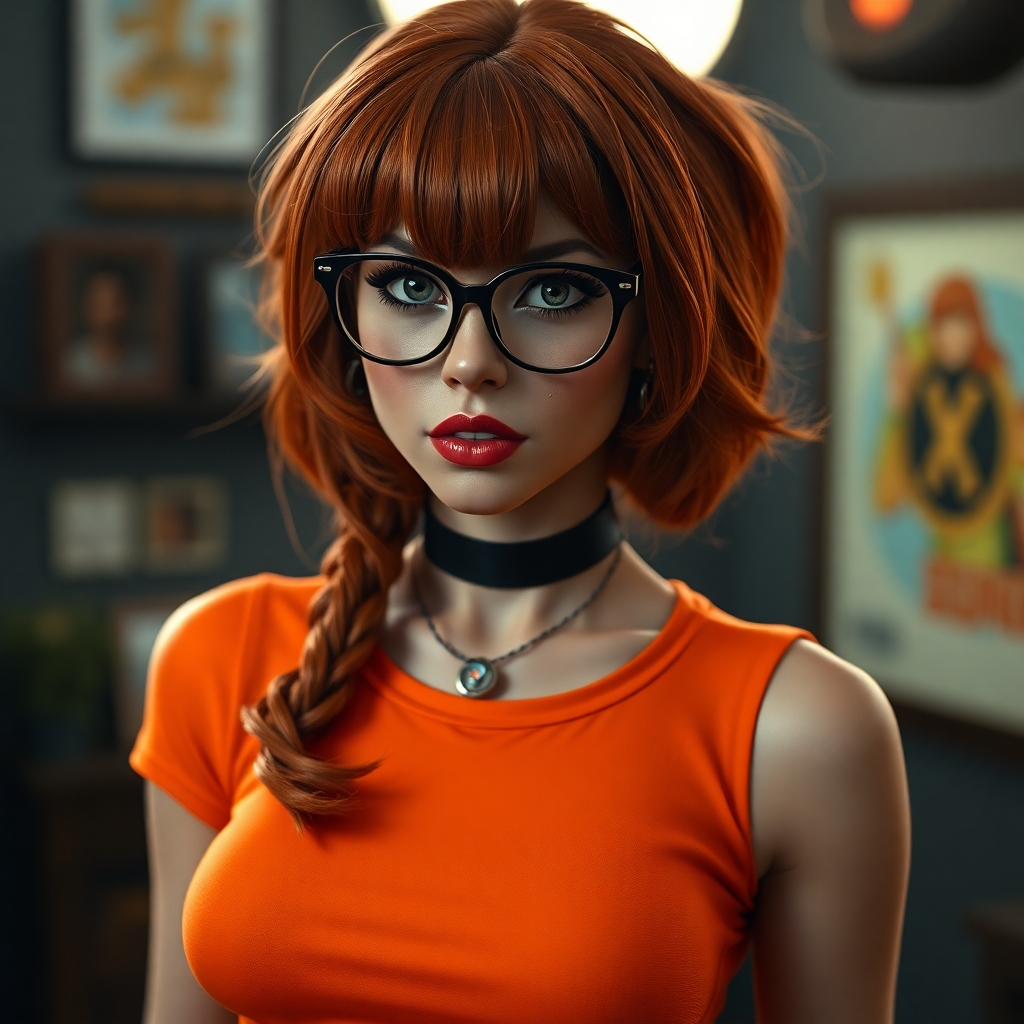 Photo of a ultra realistic of velma from scooby-doo, very sultry look, so hot girl, beautiful charismatic girl, so hot shot, showing piercing, athletic body, a woman wearing eye glasses and an orange top, gorgeous figure, full body shot, goth style mood, dark eye makeup, in the style of jessica drossin, life-size figures, 4k, hyper realistic, focused, extreme details, unreal engine 5, cinematic, masterpiece, , intricate