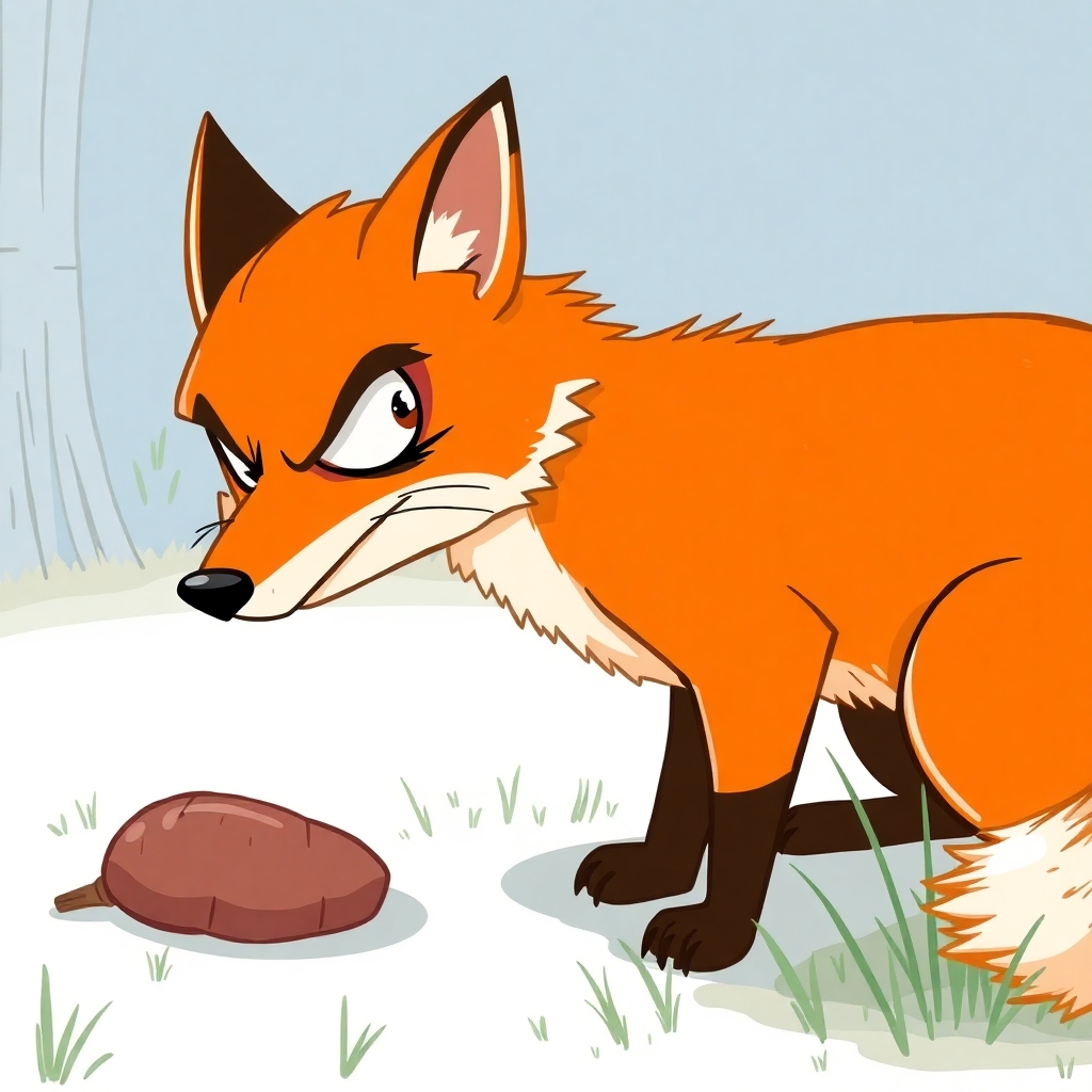 a cartoon drawing for a children's book of a sinister looking Fox who has just cornered his dinner.  a side view of the fox.