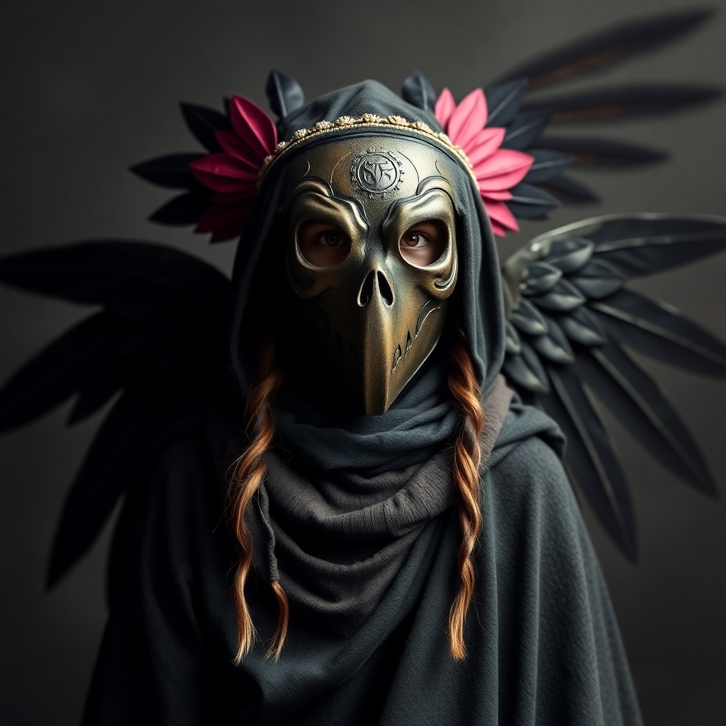 Create a photo image of an indigenous girl wearing a plague mask, wings and cloak.