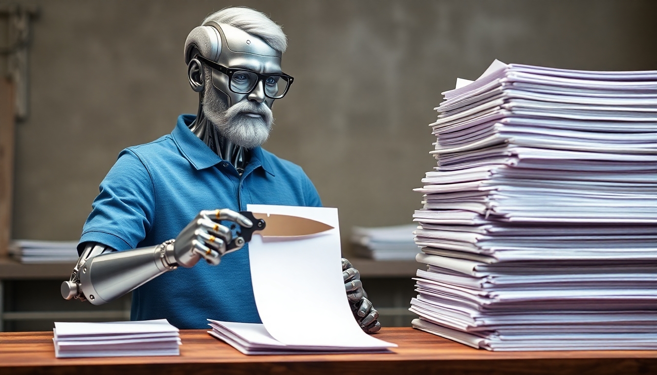 A metal robot with a thin beard that is partially grey, wearing eye glasses and a blue polo shirt is standing at a cooks chopping table facing forward. On his right are a pile of bound notebooks. On his left is a smaller pile of neatly stack paper. He is holding a Multi-Function knife, like a Swiss Army knife or a Leatherman multi tool, in his left hand and a binder from the pile on his right in his right hand. The stack of binders is higher than the stack of papers. His hands are in a blur, indicating he is reducing the binders to simple paper very quickly.