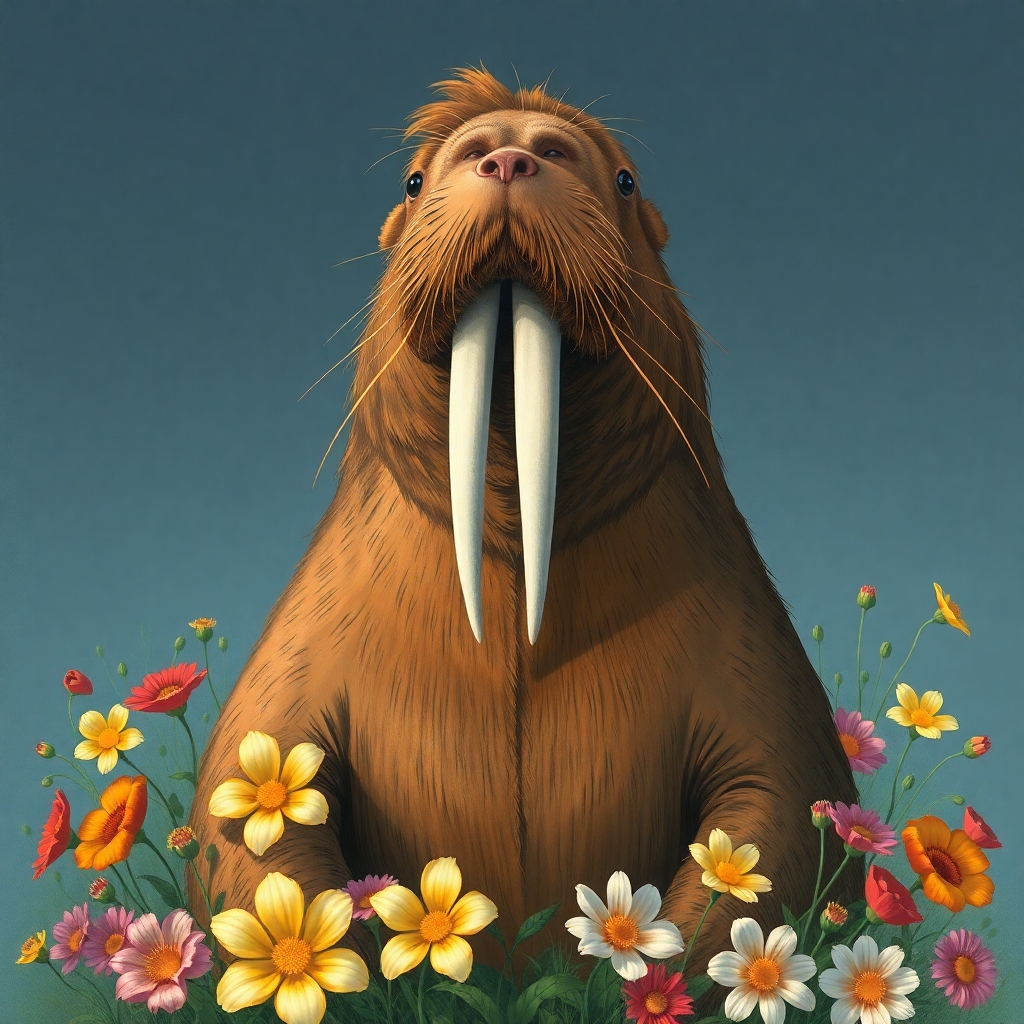 paul mcCartney as a walrus, facing forward with flowers surrounding him, caracature style art