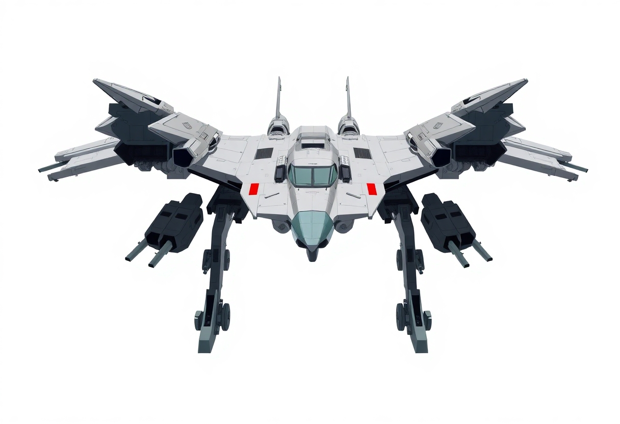 Chinese, Chengdu J-20 style, anime, laterally symmetrical, Macross Valkyrie, Gerwalk Mode, with arms & GU-11 Gun Pod,on a white background. No Multiple cockpits, no deformed legs