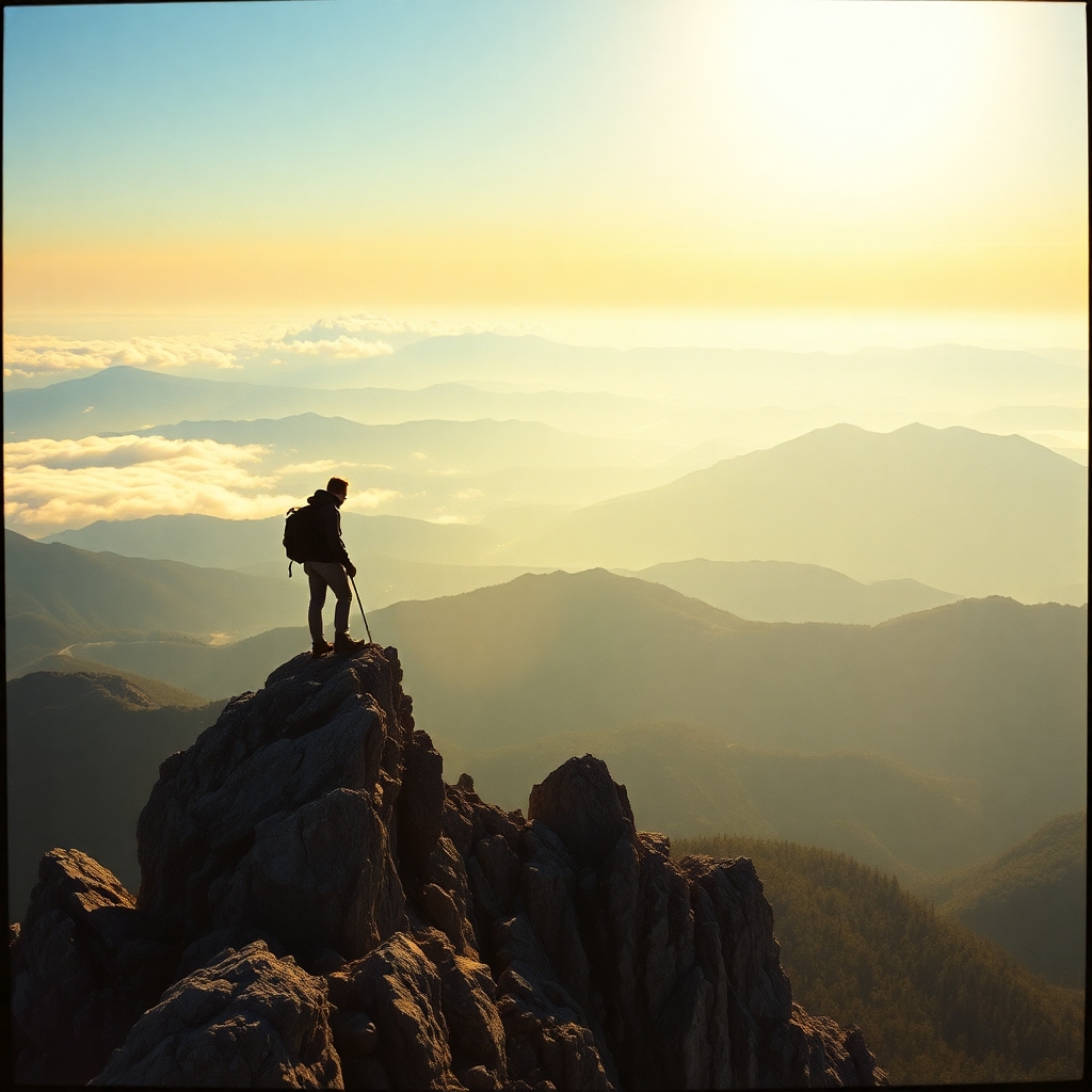 (Fine art photography:1.8, cinematic film:1.8, grainy Polaroid aesthetic:1.4, realistic skin texture:1.9, volumetric light:2.0, warm backlight:1.8, dynamic shadows:1.6) A breathtaking mountain landscape at sunrise, featuring a solitary hiker standing on the edge of a rugged cliff. The view captures an expansive range of rolling hills and peaks in the background, cloaked in a soft layer of morning mist. Warm golden rays of sunlight burst through the clouds, illuminating the scene and creating dramatic contrasts between light and shadow. The foreground showcases jagged rock formations, highlighting the rough terrain and adding depth to the composition. The atmosphere feels serene yet invigorating, embodying a sense of adventure and solitude. The color palette transitions from deep blues and purples in the shadows to vibrant yellows and oranges where the sunlight touches. This composition is suggestive of exploration and connection with nature, recalling the style of classic landscape painting with a modern touch. Ideal for evoking feelings of inspiration and tranquility.