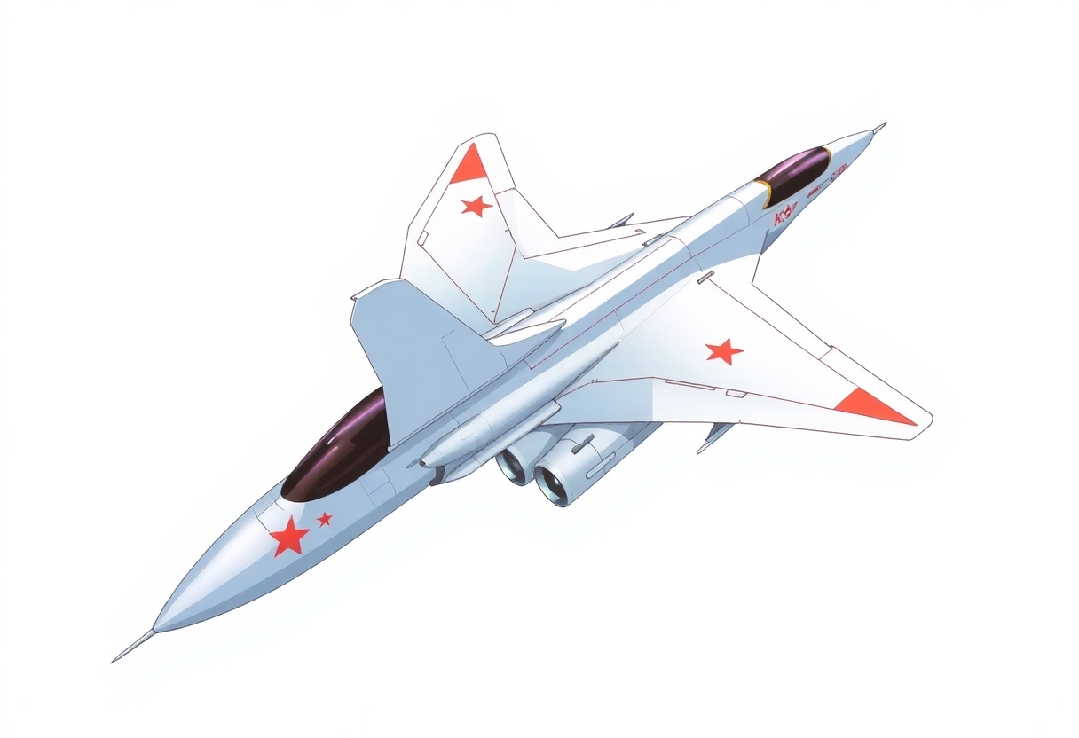 one, MIG 21 style, sleek, single tail, delta-wing, Robotech, Soviet, Sci-Fi, Space jet fighter, on a white background