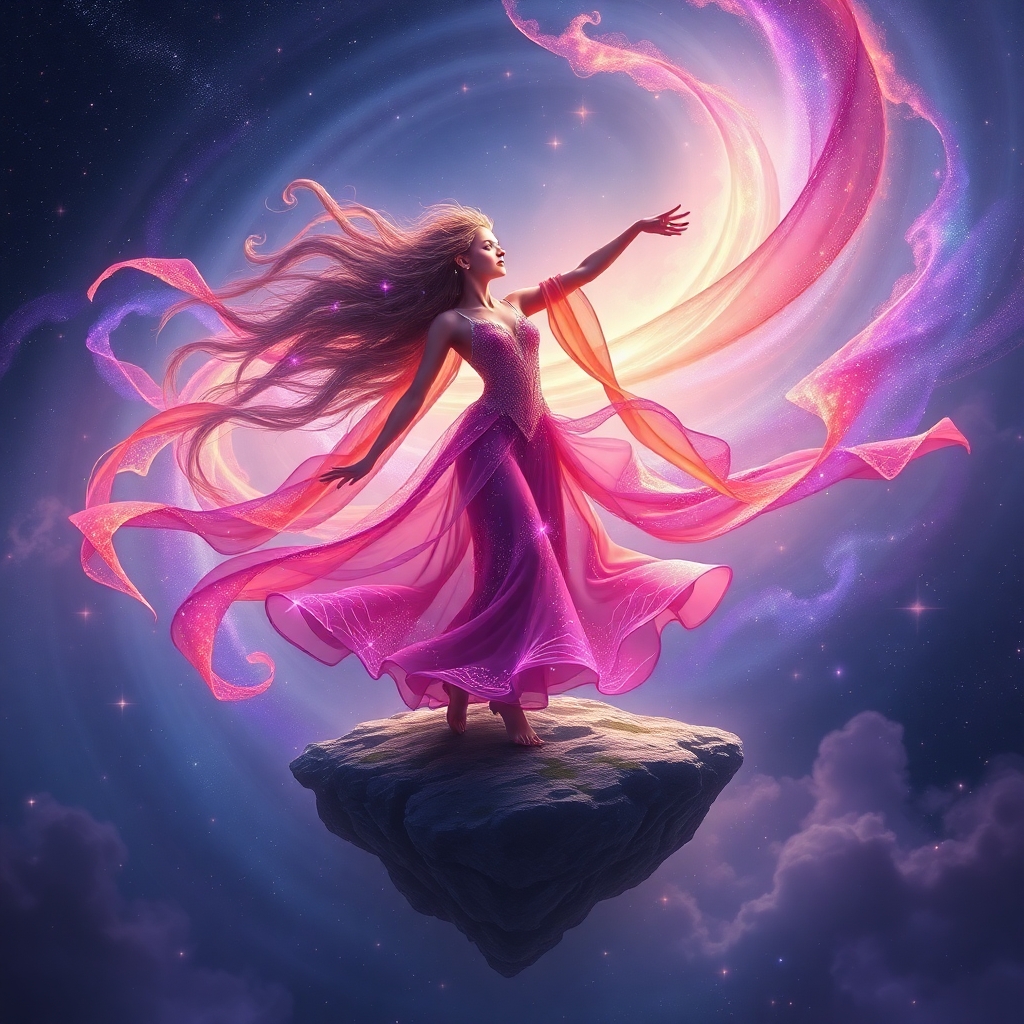 a celestial dancer with flowing, stardust hair and eyes like distant galaxies, clad in shimmering, ethereal robes of purple and orange, dances gracefully atop a floating island amidst a swirling nebula, her movements echoing the rhythm of the cosmos. She wields ribbons of pure light that streak across the heavens. The scene is bathed in the iridescent light of newborn stars and ancient constellations. Rendered in a hyperrealistic style reminiscent of Greg Rutkowski, Artgerm, and WLOP, with dynamic lighting, intricate detail, and a splash of vibrant, triadic colors.