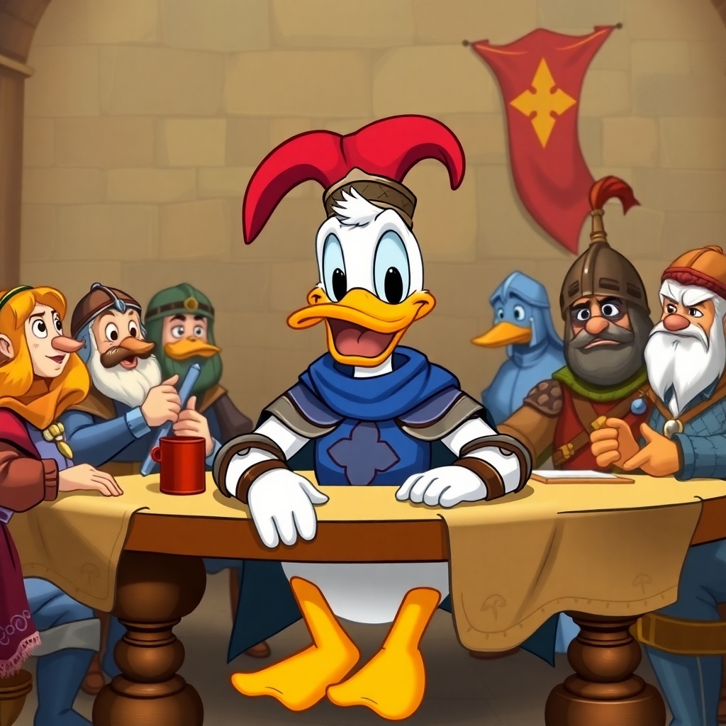 donald duck dressed as a knight in king arthurs court sitting at the round table with other disney characters dressed as knights