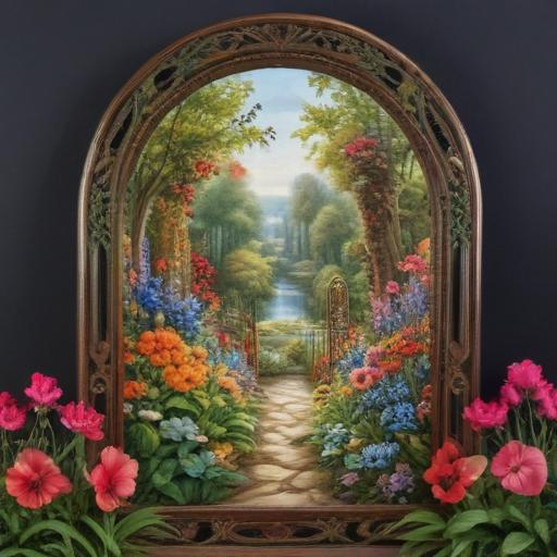 A mesmerizing artwork that seamlessly combines the mystique of a detailed keyhole outline with the vibrancy of a garden. The intricately designed keyhole frames a harmonious blend of colorful flowers and lush foliage, creating a captivating landscape within its confines. The garden comes alive with dancing butterflies, adding a touch of whimsy and movement to the serene scene. This enchanting fusion of geometric shapes and thriving nature ignites curiosity and wonder, inviting viewers to delve into the hidden mysteries hidden within the depths of this magical world. The artwork, rendered with a dreamy painting style, showcases soft brushstrokes and vibrant colors, capturing the enchanting beauty and allure of this captivating garden.