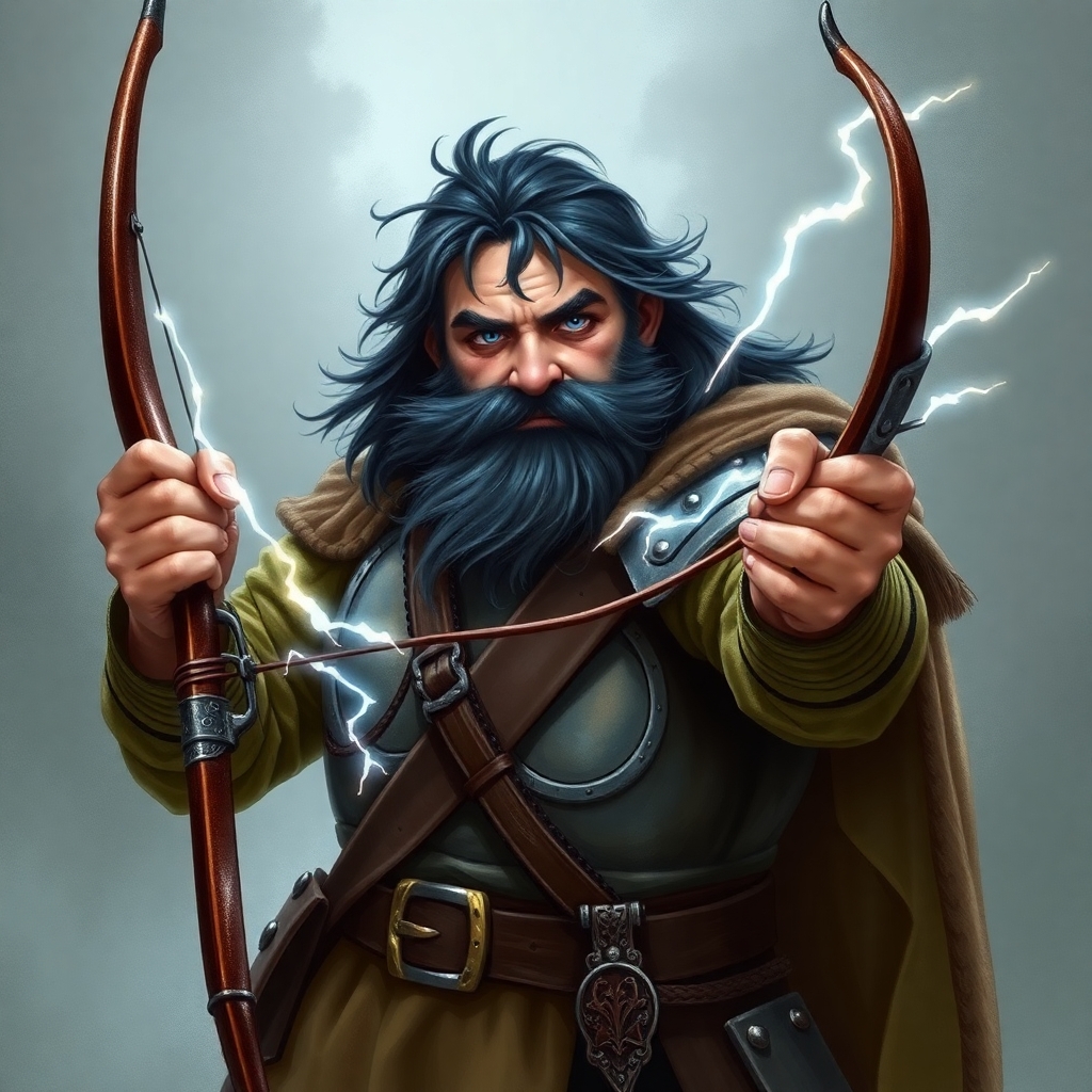 A fifth-edition dungeons and dragons character who is a middle-aged dwarf ranger. He has a wide build, black hair, gray eyes, weilds a magical bow that creates lightning arrows, and wears a silver breastplate.