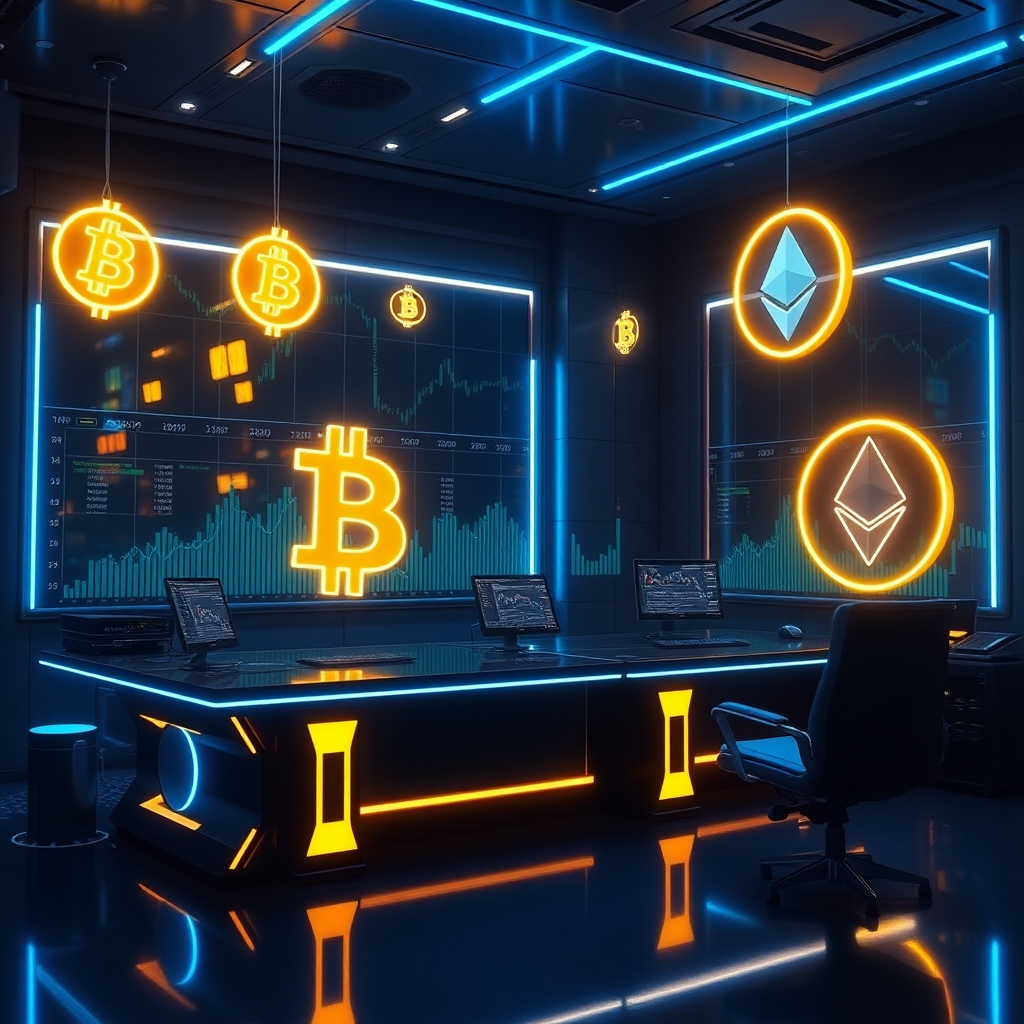 A futuristic cryptocurrency trading desk with glowing Bitcoin and Ethereum symbols floating in the air, neon blue and gold lighting, cyberpunk style, highly detailed, 8k resolution